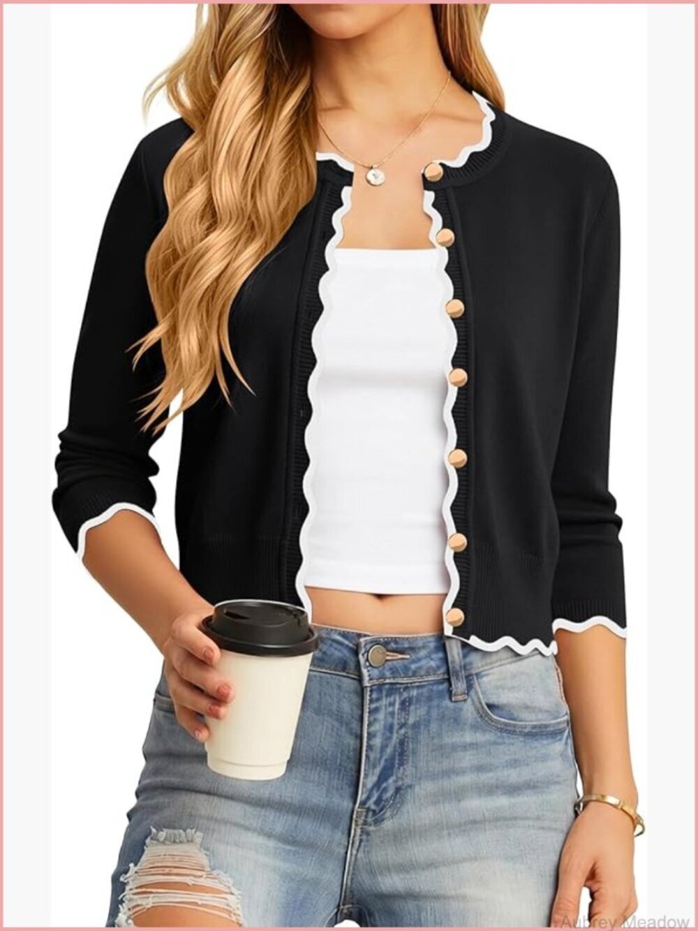 Women's Scalloped Knit Cardigan 3/4 Sleeve Crop Crewneck Button Down Shrug